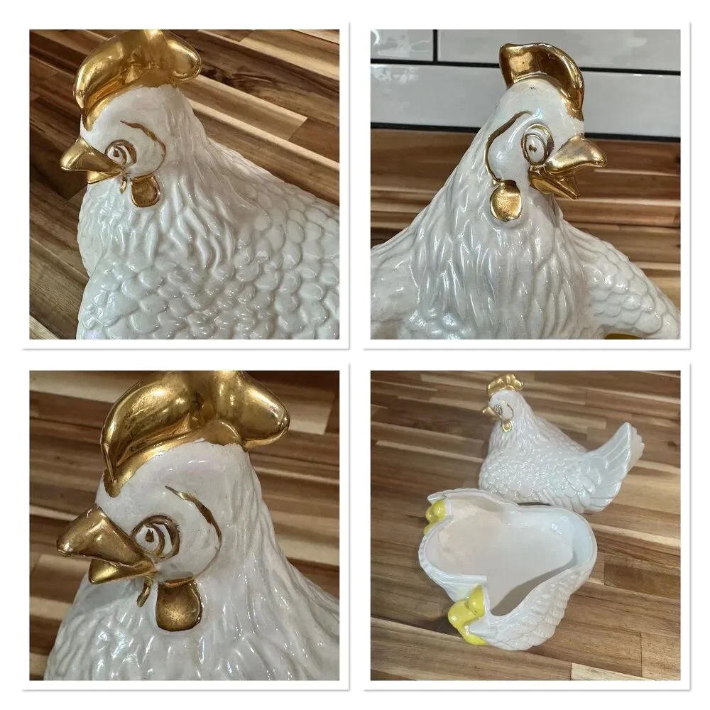 Vintage Iridescent White Hen Chicks 2 Piece Candy/Trinket Dish 6 3/8 x 7 1/4